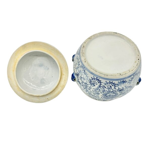 Vintage Ceramic Lidded Jar Blue White Floral Design and Animal Figurine Topper - Picture 5 of 9